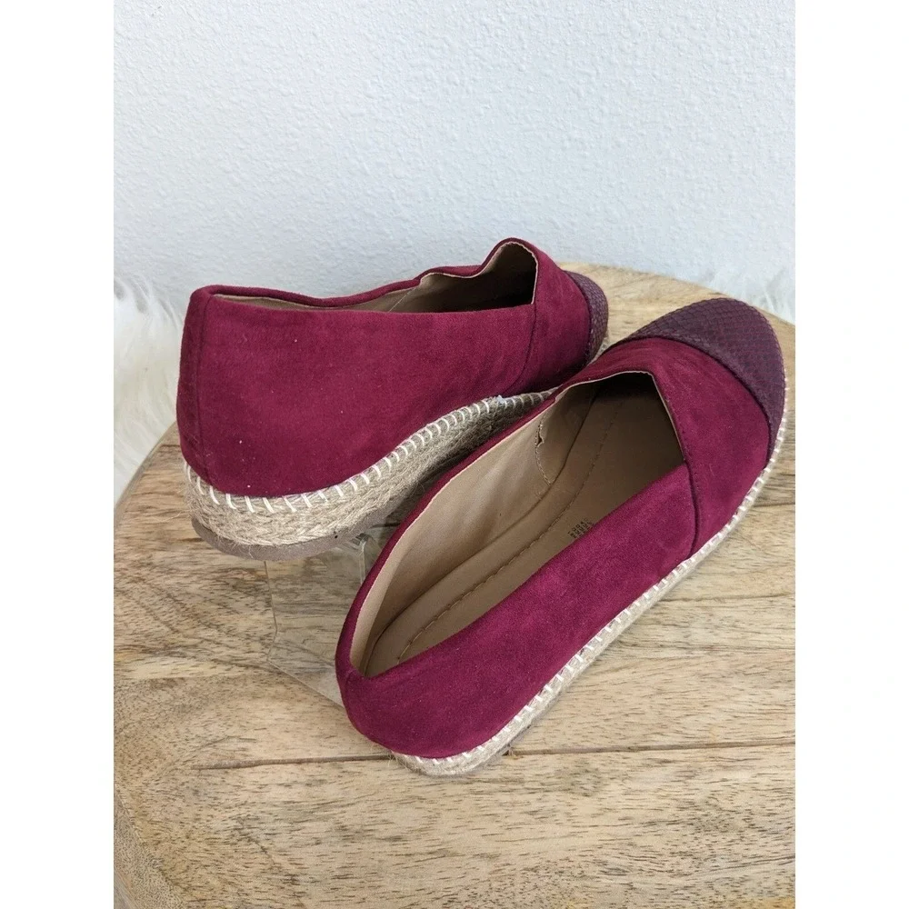 Womens‎ Burgundy 7 Faux Suede Snake Embossed Cap Toe Espadrille Flats Slip New